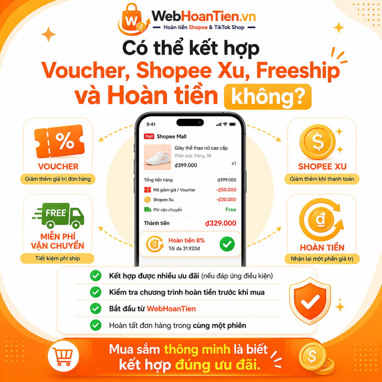 Có thể kết hợp Voucher, Shopee Xu, Freeship và hoàn tiền khi mua hàng trên Shopee không?