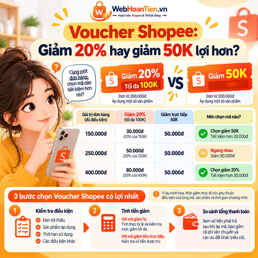 Voucher Shopee giảm phần trăm hay giảm tiền trực tiếp: Chọn mã nào lợi hơn?